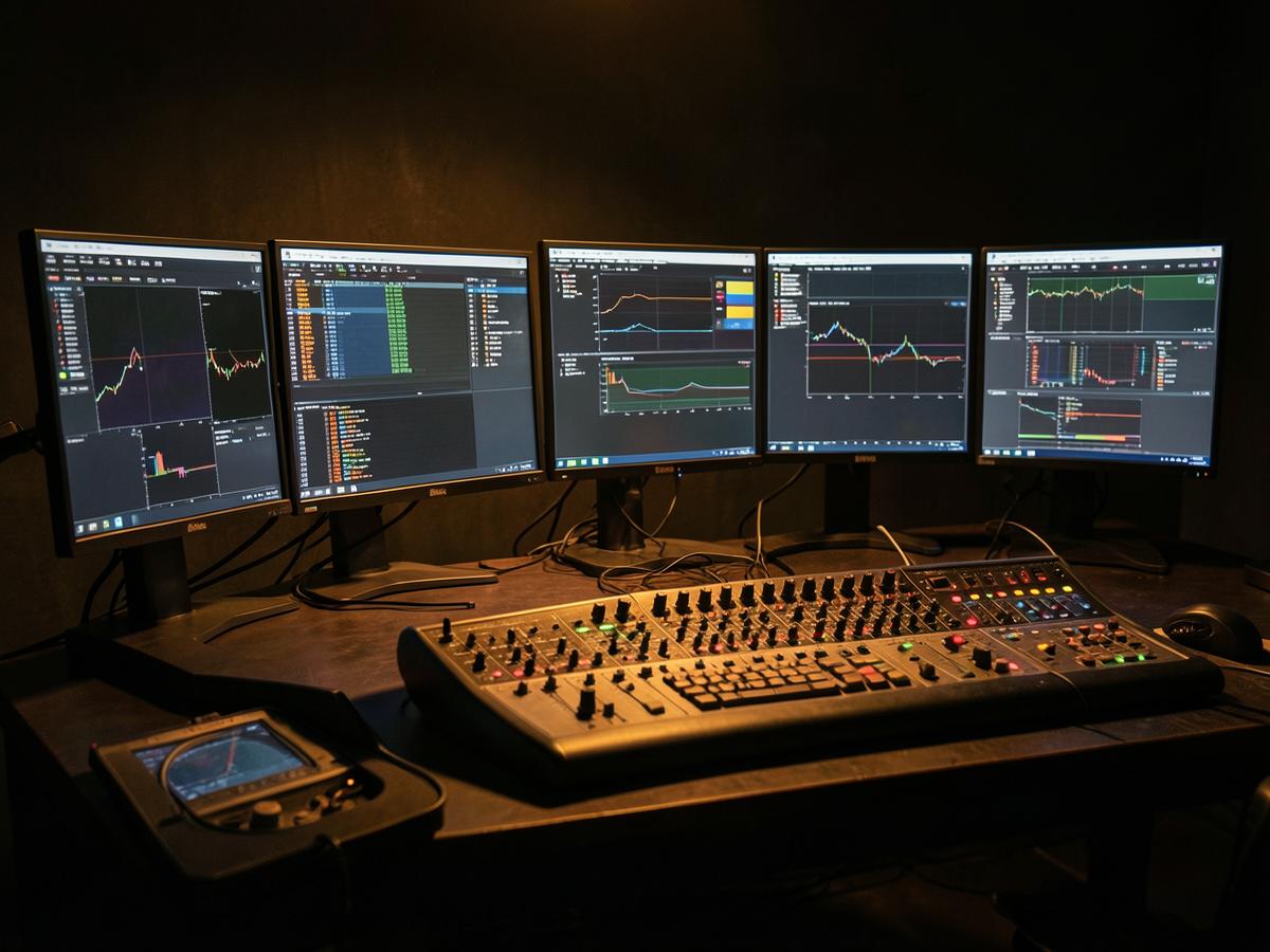 Mesa de produção com monitores e mesa de áudio